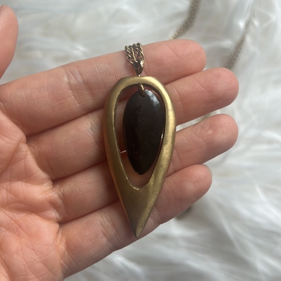 Anthropologie long brass and black stone pendent necklace - Picture 2 of 4